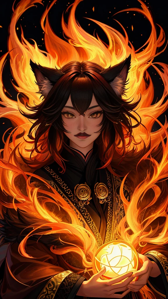 black backdrop, A mesmerizingly detailed kitsune, his fiery fur seems to flicker and dance with the light within. This hyper-realistic portrait captures every intricate detail: from the golden glow and crimson fur to the piercing emerald eyes that shine with intelligence. The image is a digital painting, Expertly rendered with depth and texture that make the kitsune almost feel tangible. Every mustache and tuft of fur is meticulously rendered, giving the viewer a sense of the creature&#39;s otherworldly aura. This image is a testament to the artist&#39;s skill and dedication in bringing mythical creatures to life