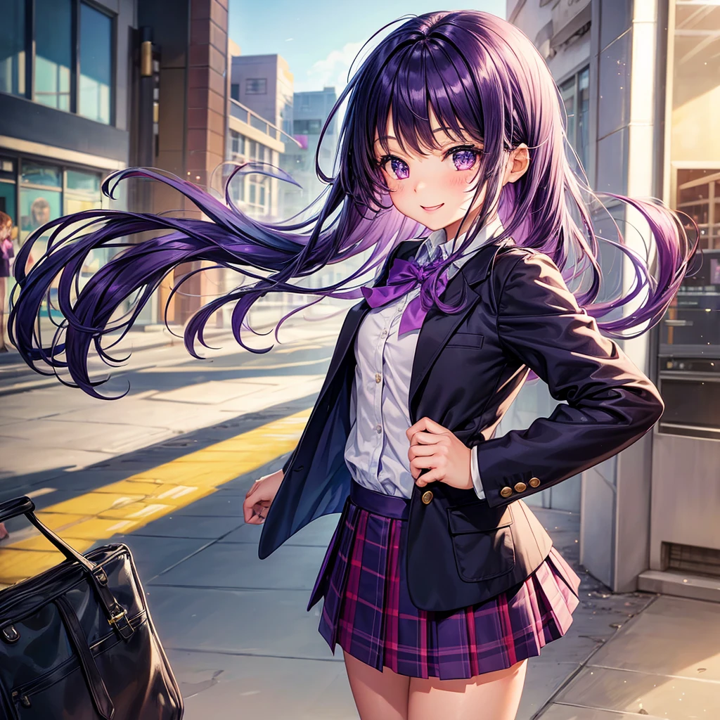Girl,Elementary school girl,5Year old girl,smile, girl,masterpiece,Cute Girls,Long Hair,Sparkling eyes,Purple hair color,uniform,blazer,perfection,Angel,Best Quality,8K