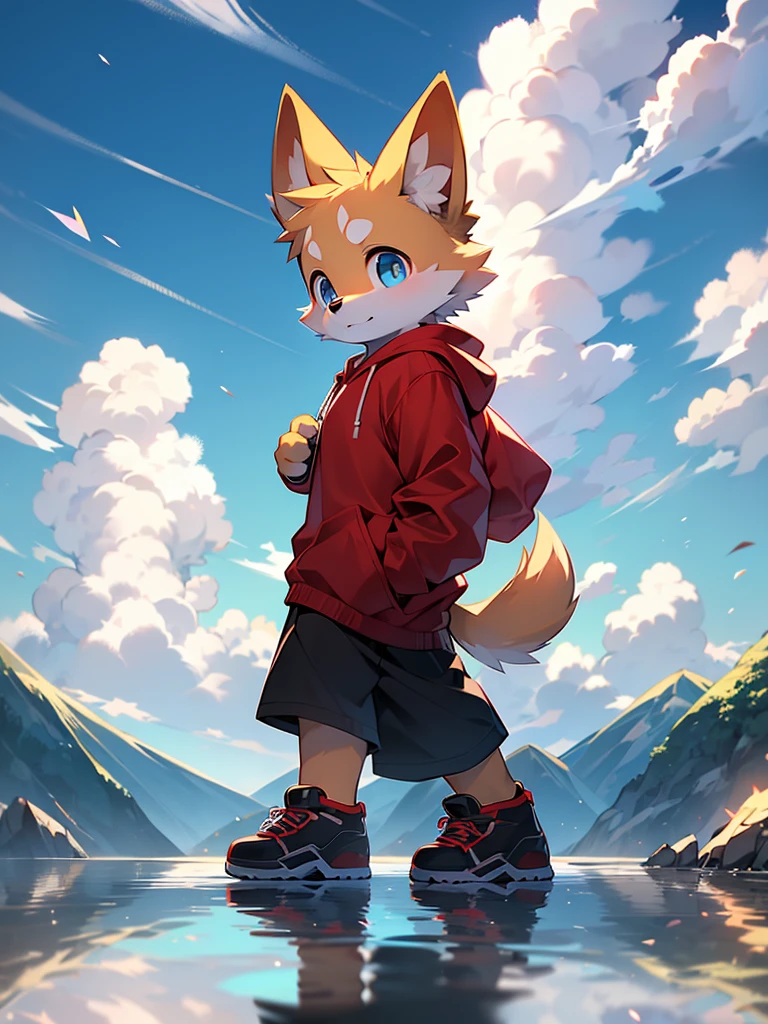 Dog, , solo, yellow fur, blue big eyes, red hoodie, brown shorts, black sports shoes, standing on the top of mountain, blue sky and white clouds, real light and shadow, glass fragments, reflected light, ultra fine