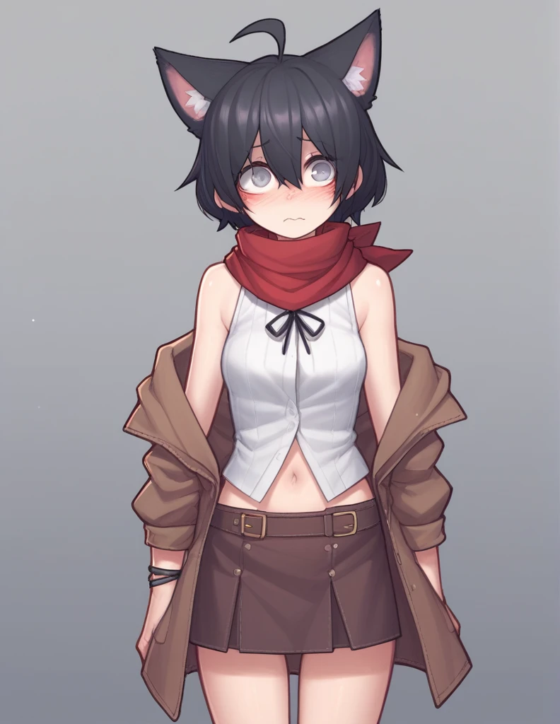 1 girl, alone, ppka, black fur, short hair, messy fur, Ahoge, parts, parts por todo el cuerpo, grey eyes, blind eyes, kind eyes, blushing, nervous, cute look, looking at the viewer, 
abdomen visible, visible navel, visible legs, visible feet, visible shoulders, 
minichaleco, Brown coat, sleeveless vest, leather waistcoat, mini skirt, brown skirt, mini skirt marrón, red scarf, long scarf, handkerchief bow, Red Bracelets, Ardasura bracelets, 
cat ears, cat ears negras, Cat&#39;s tail, Cat&#39;s tail negra, 
Flexible position