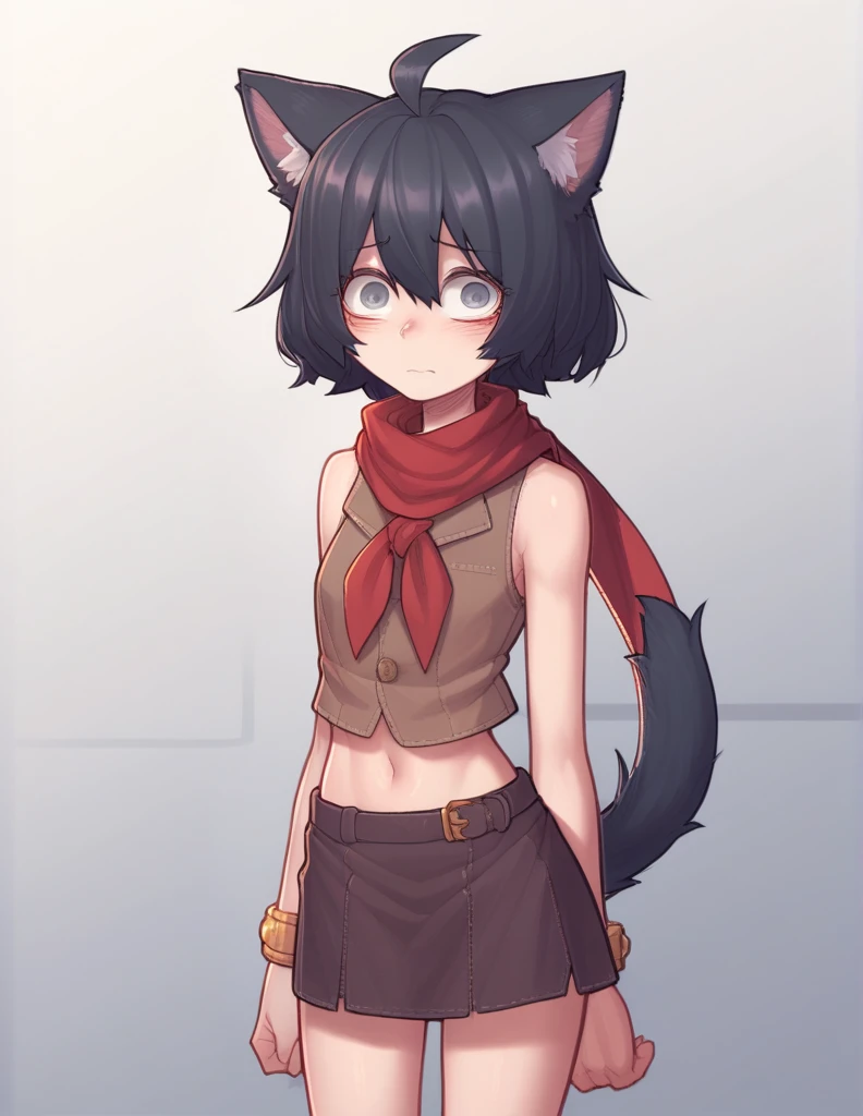 1 girl, alone, ppka, black fur, short hair, messy fur, Ahoge, parts, parts por todo el cuerpo, grey eyes, blind eyes, kind eyes, blushing, nervous, cute look, looking at the viewer,
abdomen visible, visible navel, visible legs, visible feet, visible shoulders,
minichaleco, Brown coat, sleeveless vest, leather waistcoat, mini skirt, brown skirt, mini skirt marrón, red scarf, long scarf, handkerchief bow, Red Bracelets, Ardasura bracelets,
cat ears, cat ears negras, Cat's tail, Cat's tail negra,
Flexible position