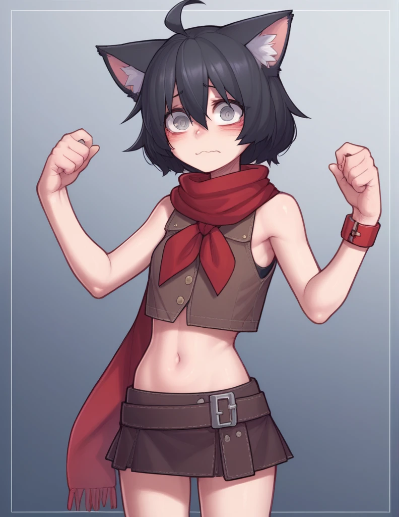 1 girl, alone, ppka, black fur, short hair, messy fur, Ahoge, parts, parts por todo el cuerpo, grey eyes, blind eyes, kind eyes, blushing, nervous, cute look, looking at the viewer,
abdomen visible, visible navel, visible legs, visible feet, visible shoulders,
minichaleco, Brown coat, sleeveless vest, leather waistcoat, mini skirt, brown skirt, mini skirt marrón, red scarf, long scarf, handkerchief bow, Red Bracelets, Ardasura bracelets,
cat ears, cat ears negras, Cat's tail, Cat's tail negra,
Flexible position