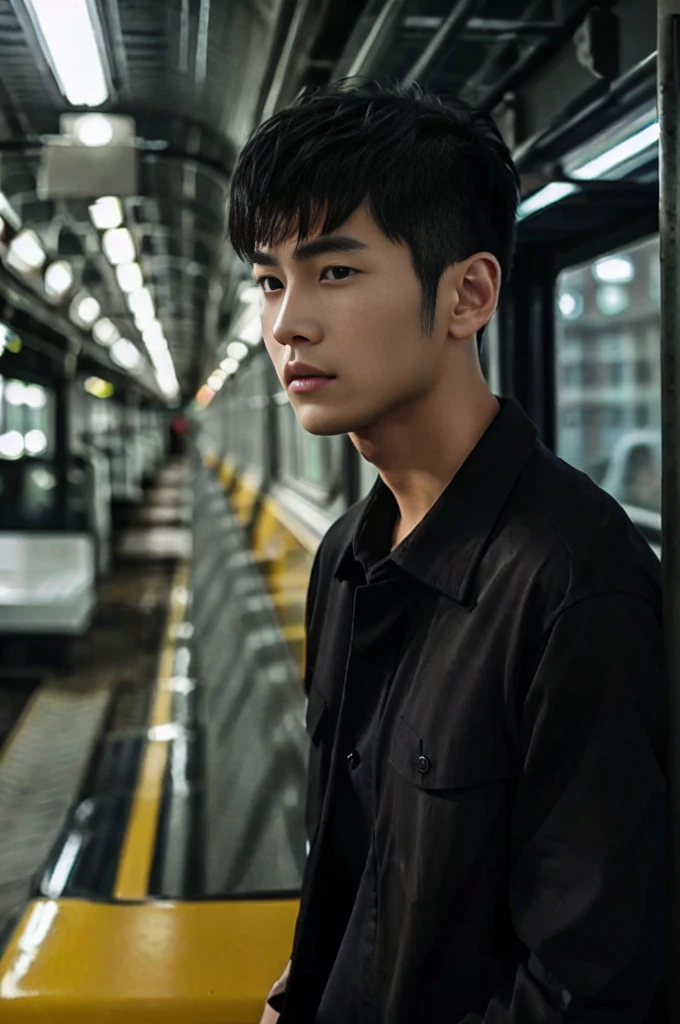 young asian man looking at camera In a black button-down shirt , By the train, sunlight