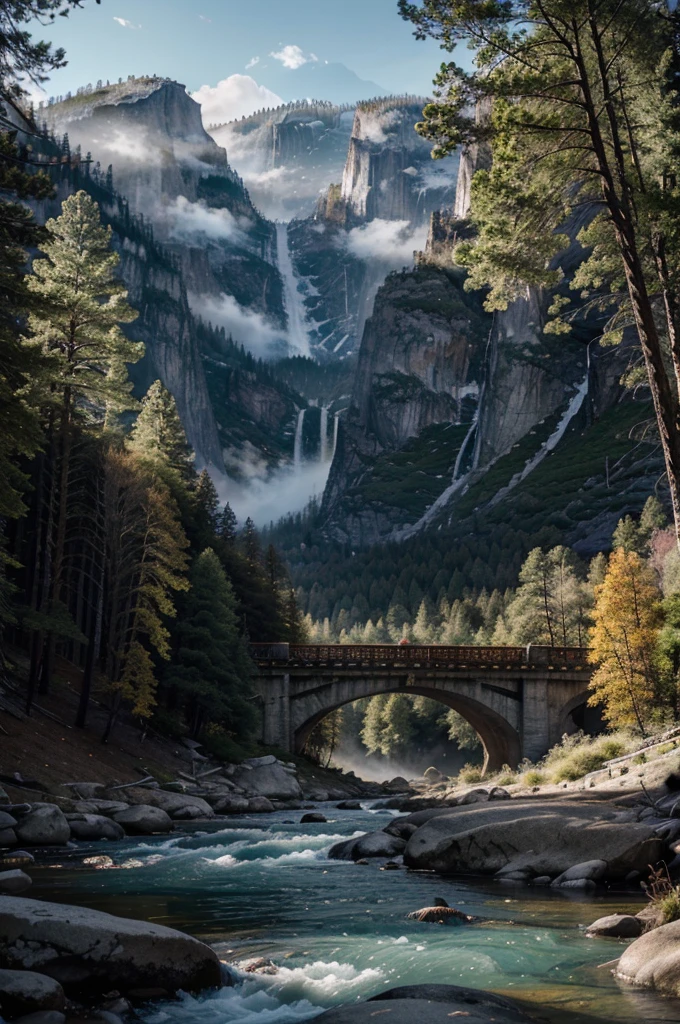 a scenic landscape of yosemite national park, a dramatic tunnel view, snow-capped mountains, lush green forest, rushing river, sunlight streaming through the trees, breathtaking vista, dramatic lighting, cinematic composition, serene and awe-inspiring, (best quality,4k,8k,highres,masterpiece:1.2),ultra-detailed,(realistic,photorealistic,photo-realistic:1.37),landscape,cinematic lighting,dramatic shadows,vivid colors,intricate details,stunning scenery