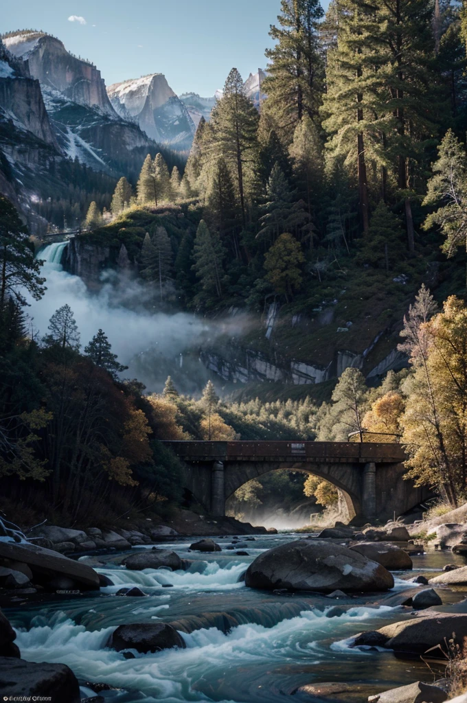 a scenic landscape of yosemite national park, a dramatic tunnel view, snow-capped mountains, lush green forest, rushing river, sunlight streaming through the trees, breathtaking vista, dramatic lighting, cinematic composition, serene and awe-inspiring, (best quality,4k,8k,highres,masterpiece:1.2),ultra-detailed,(realistic,photorealistic,photo-realistic:1.37),landscape,cinematic lighting,dramatic shadows,vivid colors,intricate details,stunning scenery