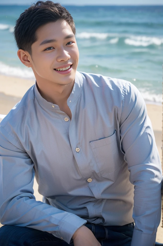 ((Highest quality, 8K, Masterpiece: 1.3))、Thailand Laos Burma Asia, Thai man, A handsome Asian rugby player with short hair, a muscular beard, and big muscles., １A man who has、 yo、Good appearance、Beautiful nose、smile、 Detailed eyes and face、beautiful light、(studio)、high resolution、（Look at the viewer.）、Fine mouth、smile、whole body: 1.5, perfect shape: 1.3, looking at camera ,Gray button-down shirt , seaside beach sunshine looking at the sea