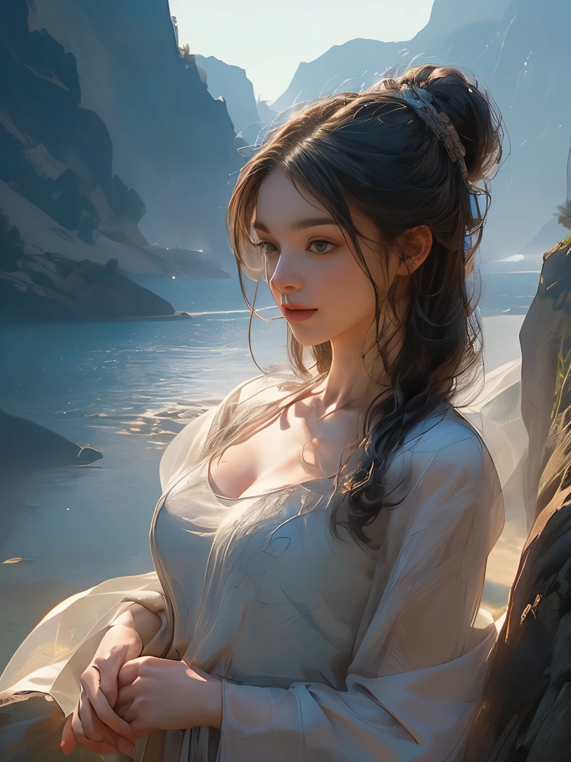 (8K, Highest quality, masterpiece)，{Realistic, RAW Photos, Super Fine Clear, Portraiture, (Influenced by impressionist paintings:1.6)}, Realistic Light, Detailed skin, (A beautiful woman with a slim figure, Age 25, Ancient Roman Athletes:1.5), Thin legs, fine grain, Long white hair, Detailed fingers, thin, Sexual, Expressions of Ecstasy, (Big, bouncy, firm bust:1.4), (Ancient Roman Dresses:1.2),(The dress has a wide opening at the chest;1.6), Exposing the breasts, (Colosseum in ancient Rome:1.8), Wide and beautiful view, (Mountain side, River side:1.5), (Surrounded by animals and birds:1.2), Alluring, Grim expression, dynamic sexy poses, dash, Run, Run