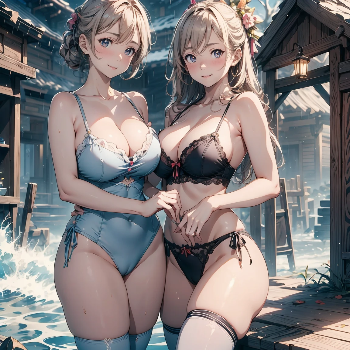 Highest quality, Super detailed, (Ultra-high resolution,8K), Ultra-high definition 4K, (Perfect Anatomy, Anatomically correct), (Five Sensual Married Shrine Maidens), (Beautiful Eyes), (Detailed eyes), (High-quality facial beauty), ((Get excited)), (In the Storm:1.2), Friendly, (Photorealistic), (Detailed big breasts), Soft Skin, Glowing Skin, (Tight see-through camisole), Bright lighting, Very heavy rain, colorful, Goddess-like beauty, Professional photography techniques