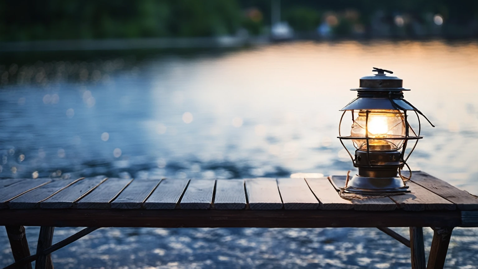 There is a lantern on the table by the lake, Sit on the wooden dock, A boat with lights, Sit on the wooden dock, Peaceful evening atmosphere, Small marina, bokeh on side of the river, Summer environment, Summer lake view, Relaxed atmosphere, warm light, Lantern light, Lighting from the side, Shot with Sony Alpha 1 camera, summer morning light