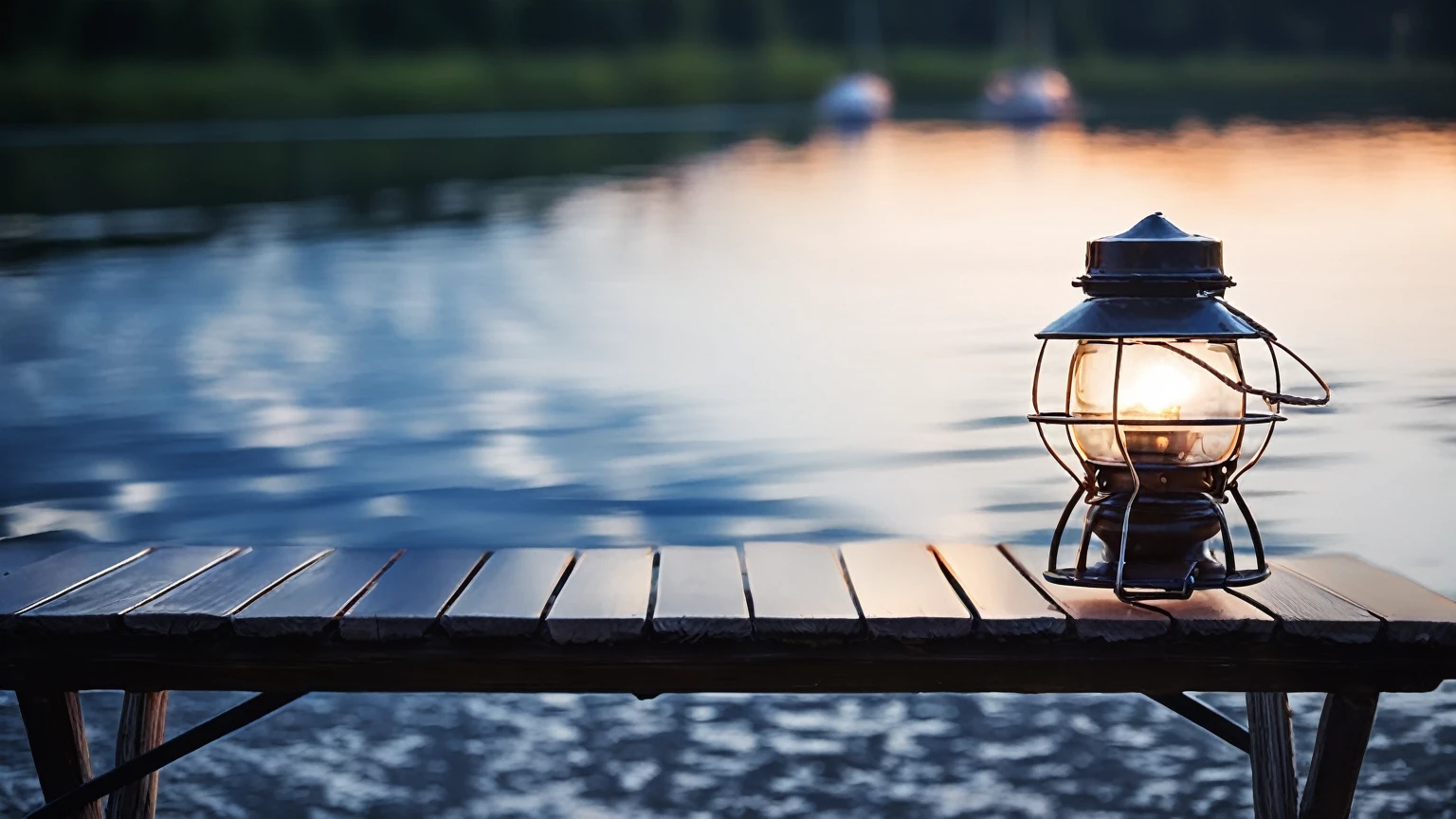 There is a lantern on the table by the lake, Sit on the wooden dock, A boat with lights, Sit on the wooden dock, Peaceful evening atmosphere, Small marina, bokeh on side of the river, Summer environment, Summer lake view, Relaxed atmosphere, warm light, Lantern light, Lighting from the side, Shot with Sony Alpha 1 camera, summer morning light