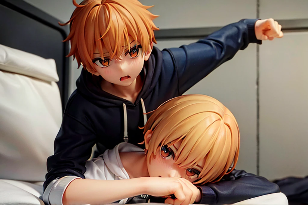 boy Receiving face I it cute One person Thin A man resisting Very short hair Very short antennae short angry One person Constraints handcuffs boy handcuffs Blonde Orange Eyes bed hoodie Lying down