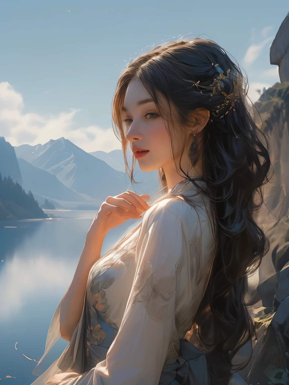 (8K, Highest quality, masterpiece),{Realistic, RAW Photos, Super Fine Clear, Portraiture, (Influenced by impressionist paintings:1.6)}, Realistic Light, Detailed skin, (A beautiful woman with a slim figure, Age 25, Ancient Roman Athletes:1.5), Thin legs, fine grain, Long white hair, Detailed fingers, thin, Sexual, Expressions of Ecstasy, (Big, bouncy, firm bust:1.4), (Ancient Roman Dresses:1.2),(The dress has a wide opening at the chest;1.6), Exposing the breasts, (Colosseum in ancient Rome:1.8), Wide and beautiful view, (Mountain side, River side:1.5), (Surrounded by animals and birds:1.2), Alluring, Grim expression, dynamic sexy poses, dash, Run, Run