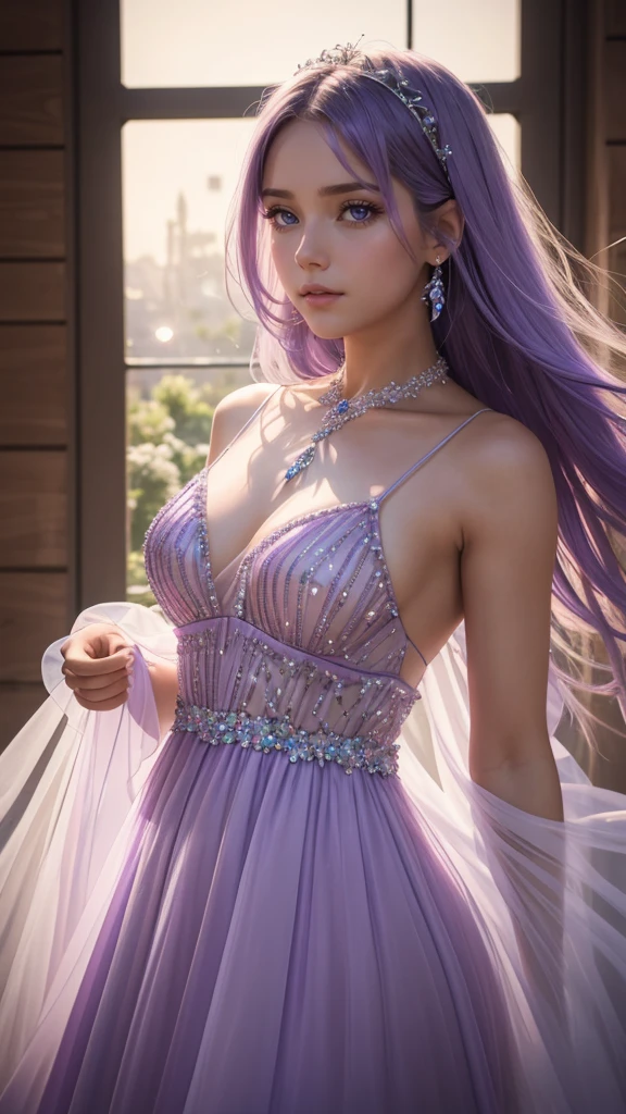 Raw photo, 8k uhd, dslr, soft lighting, high quality, film grain, Fujifilm XT3, close up low angle shot beautiful faceted transparent lavender color crystal dress which a girl wears with crystals looking out of the dress, cinematic photo, 18mm f/11 photograph, film, bokeh, professional, 4k, highly detailed, colorful