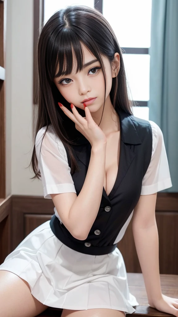 (8K, Highest quality, masterpiece:1.2, RAW Photos), One girl, (e schrl, Idol, beautiful girl, Baby Facekin Dentition:1.5), night, (dark), Clear background indoors, Beautiful Bangs, nice, (Clothing and uniforms:1.3), (Attractive breasts:1.4), ((奇妙なdark部屋:1.3)), (Mouth closed:1.2, Beautiful Eyes, Fine grain, Detailed Iris, Beautiful Lips, Beautiful Nose, Beautiful Face), (primary color:1.5), (Beautifully glowing eyes:1.3), (Detailed eyes and face:1.3, Professional photography techniques), (Detailed hands:1.2), (Gaze at the viewer, blush:1.2), (Red nails:1.2)
