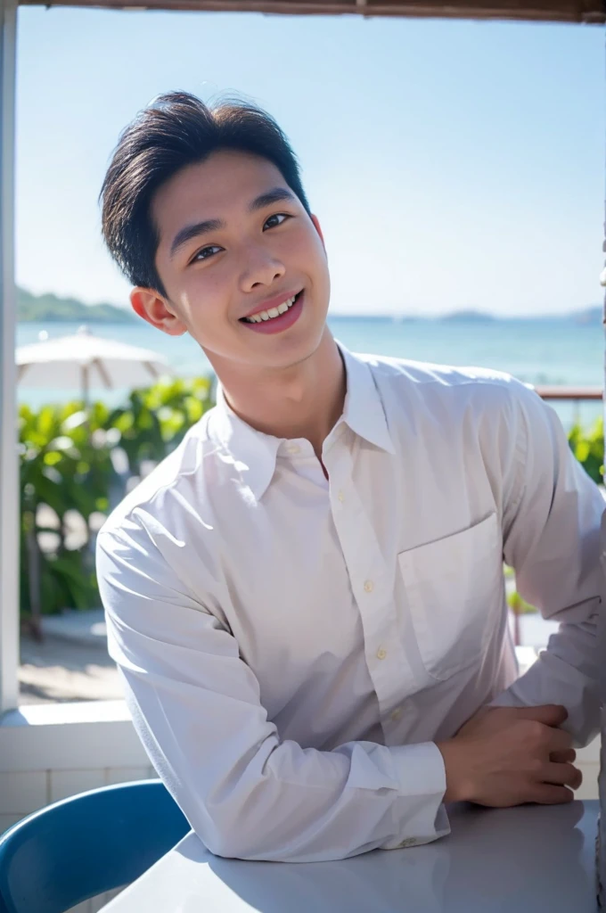 ((Highest quality, 8K, Masterpiece: 1.3))、Thailand Laos Burma Asia, Thai man, A handsome Asian rugby player with short hair, a muscular beard, and big muscles., １A man who has、 yo、Good appearance、Beautiful nose、smile、 Detailed eyes and face、beautiful light、(studio)、high resolution、（Look at the viewer.）、Fine mouth、smile、whole body: 1.5, perfect shape: 1.3, looking at camera ,Gray button-down shirt , seaside beach sunshine looking at the sea