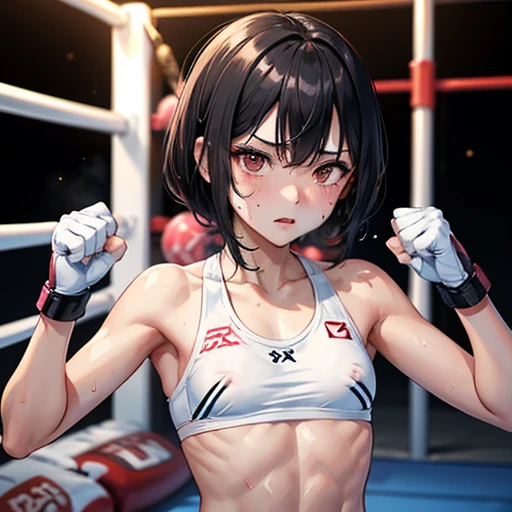 Injured Japanese female high school mixed martial artist during a match in the ring。Short black hair。Glaring at someone。Punching。A fighting expression。Drenched in sweat。A well-trained body。Six Pack Abs。Small breasts。Erect nipples。White and pink sports bra、bikini。Open Finger Gloves。