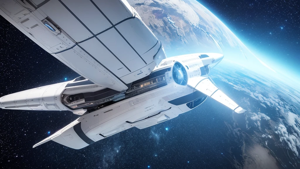 A colossal spaceship flying in the sky (Futuristic)3 kilometers, with a silver fuselage shining against a background with the starry universe in 3D format with vivid colors