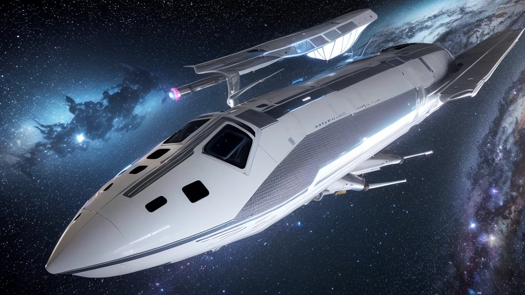A colossal spaceship flying in the sky (Futuristic)3 kilometers, with a silver fuselage shining against a background with the starry universe in 3D format with vivid colors