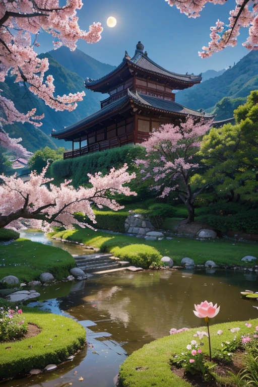 A beautiful detailed peach blossom garden in ancient China, lush peach trees in full bloom, intricate stone bridges, serene ponds with lotus flowers, exquisite traditional Chinese architecture, ancient scholars strolling through the garden, moon light, at night,(best quality,4k,8k,highres,masterpiece:1.2),ultra-detailed,(realistic,photorealistic,photo-realistic:1.37),HDR,UHD,ultra-fine painting,sharp focus,physically-based rendering,extreme detail description,professional,bokeh,landscape,intricate details,