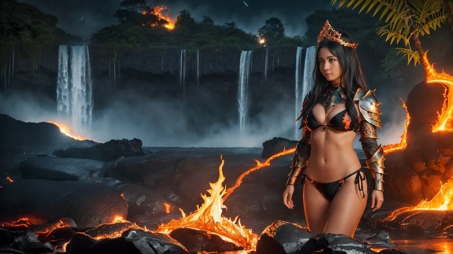 In a (lush jungle:1.3) setting, in the middle of the misty veil formed by (majestic waterfalls:1.3), a sublime warrior, French girl, standin in the water, her gaze piercing directly into the camera lens. The (dark night sky:1.3) above is lit by a (fiery red moon), casting an unearthly glow. A (brazier) projects its glow on the girl. Her perfect physique is highlighted by (beautiful bikini armor:1.5) adorned with (lava and flames:1.3). Her (black tiara), made from (black horns), rests on her long black hair and she wears a sensual smile. The gentle flow of the river creates a calming hum, while the warrior's confidence radiates through the cinematic frame. (Darkness:1.3). (Lava Armor, flames Armor, Big pike armor:1.3)
