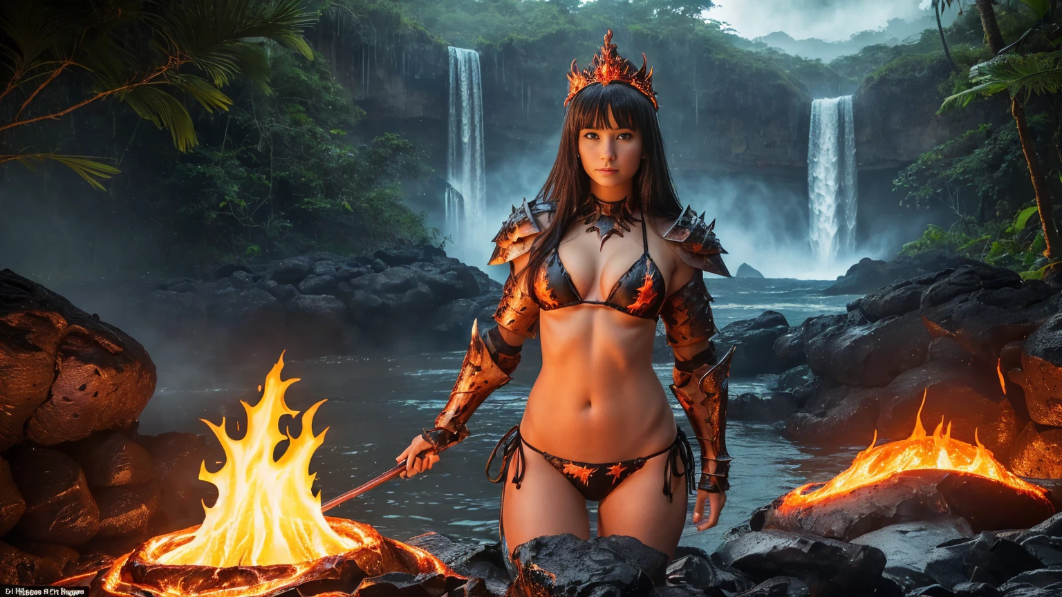 In a (lush jungle:1.3) setting, in the middle of the misty veil formed by (majestic waterfalls:1.3), a sublime warrior, French girl, standin in the water, her gaze piercing directly into the camera lens. The (dark night sky:1.3) above is lit by a (fiery red moon), casting an unearthly glow. A (brazier) projects its glow on the girl. Her perfect physique is highlighted by (beautiful bikini armor:1.5) adorned with (lava and flames:1.3). Her (black tiara), made from (black horns), rests on her long black hair and she wears a sensual smile. The gentle flow of the river creates a calming hum, while the warrior's confidence radiates through the cinematic frame. (Darkness:1.3). (Lava Armor, flames Armor, Big pike armor:1.3)