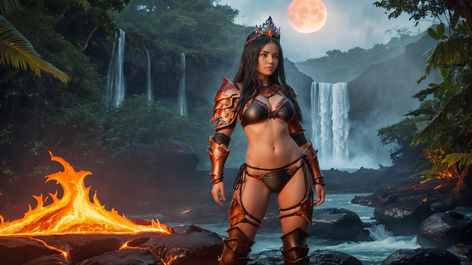 In a (lush jungle:1.3) setting, in the middle of the misty veil formed by (majestic waterfalls:1.3), a sublime warrior, French girl, standin in the water, her gaze piercing directly into the camera lens. The (dark night sky:1.3) above is lit by a (fiery red moon), casting an unearthly glow. A (brazier) projects its glow on the girl. Her perfect physique is highlighted by (beautiful bikini armor:1.5) adorned with (lava and flames:1.3). Her (black tiara), made from (black horns), rests on her long black hair and she wears a sensual smile. The gentle flow of the river creates a calming hum, while the warrior's confidence radiates through the cinematic frame. (Darkness:1.3). (Lava Armor, flames Armor, Big pike armor:1.3)