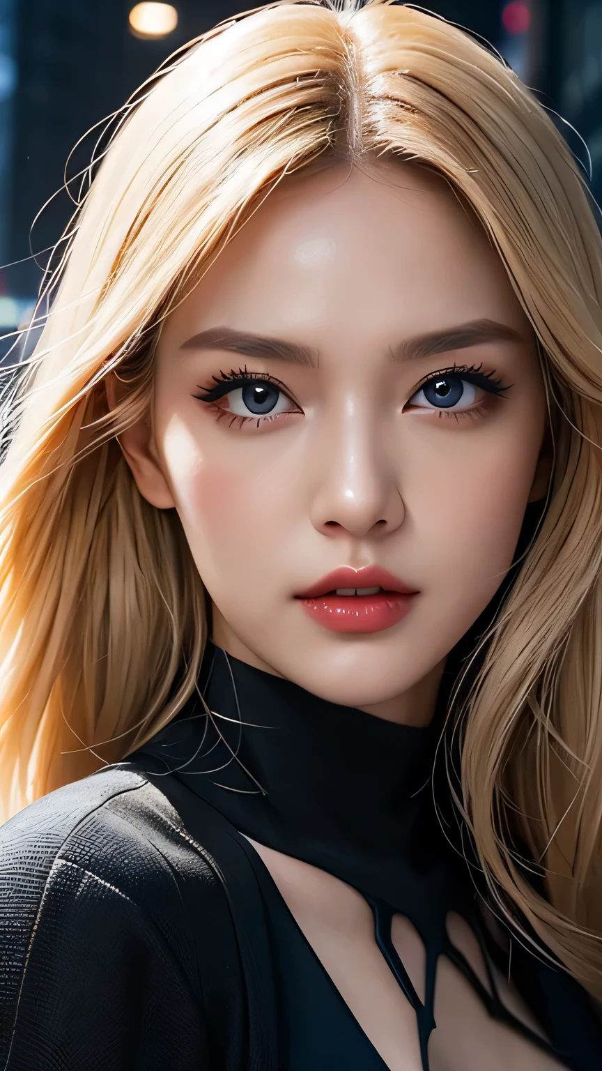 spider-woman, black suit, dangerous, beautiful eyes, blonde hair, half body, masterpiece, ultra high details, Tokyo city