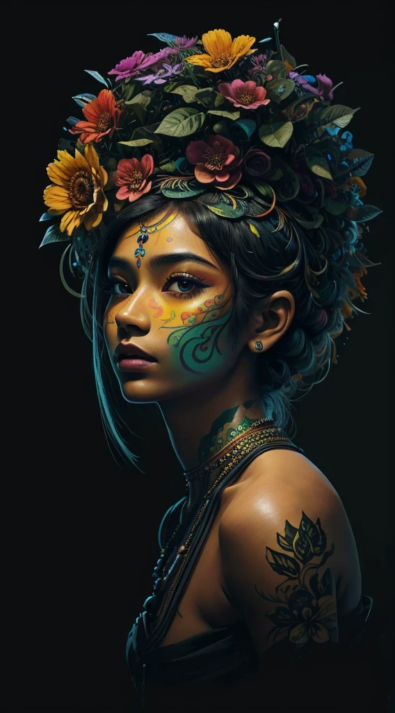 The image shows a breathtaking and stunningly beautiful East Indian girl, whose body is fused with flowers and foliage, Color Vibrant, in the style of a high resolution pen and ink drawing, isographic portrait, hard edges, high qualiy, minimalist art, black backdrop, ultra HD, 4K, 8K