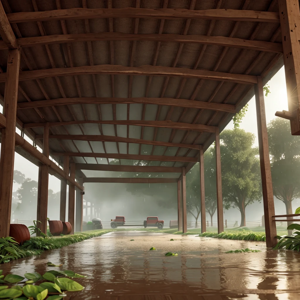 Heavy rain in farm.