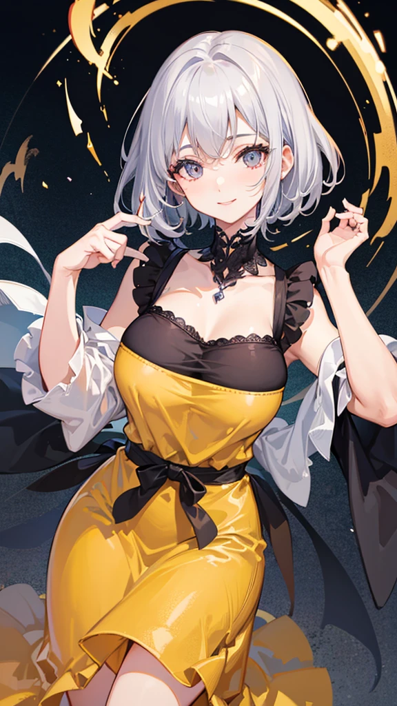 
Highest quality, shape, Very detailed, In detail, High resolution, 8k wallpaper, Perfect dynamic composition, Beautiful details, Center of chest, Natural color lip, Random sexy poses,smile,20-year-old girl,Huge , A woman with short silver hair wearing a yellow dress and a black lace apron