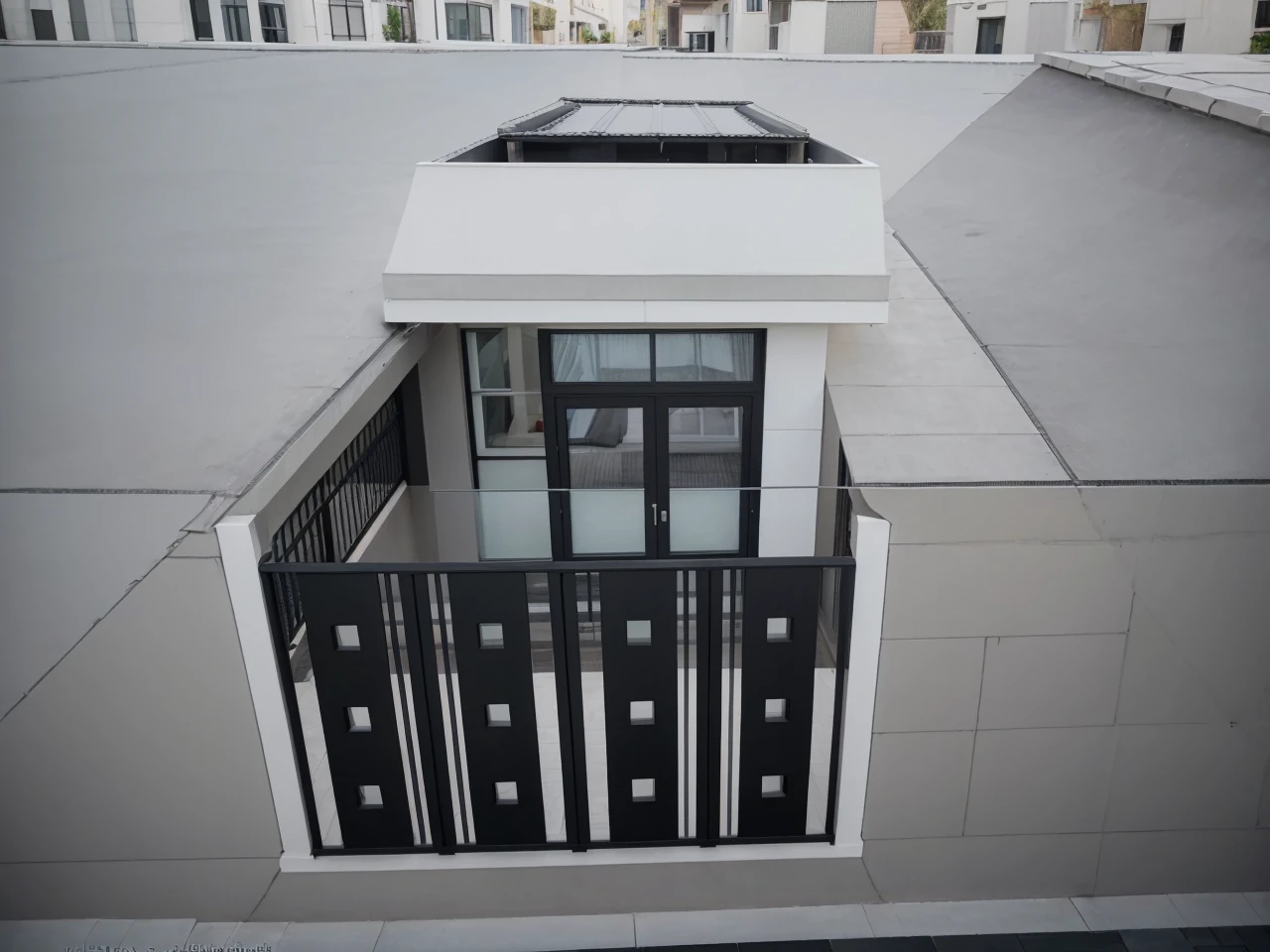 a 1-story townhouse with 3 bedrooms, detailed architectural exterior, minimalist design, clean lines, large windows, natural lighting, brick facade, tile roof, lush green landscaping, manicured garden, paved driveway, parked car, ambient lighting, cozy and inviting atmosphere, landscape around