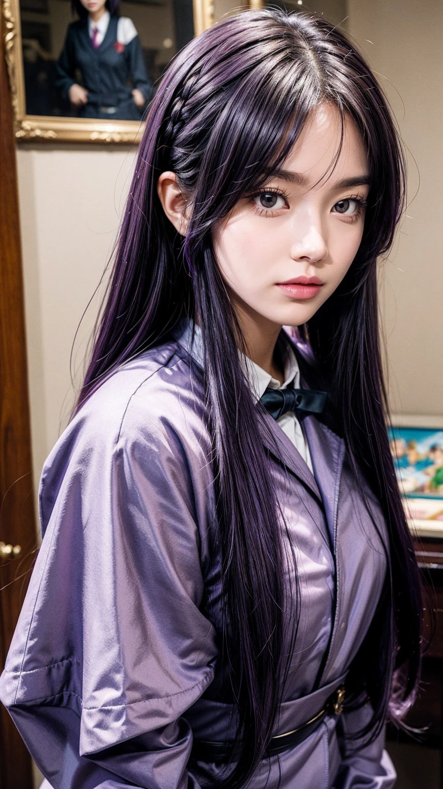 2D, masterpiece, best quality, Japanese cartoons, Very detailed, 1 Girl, Solitary, Yuri, Purple Eyes, Purple Hair, Hair between the eyes, Hairpin, Uniforms, Sick face