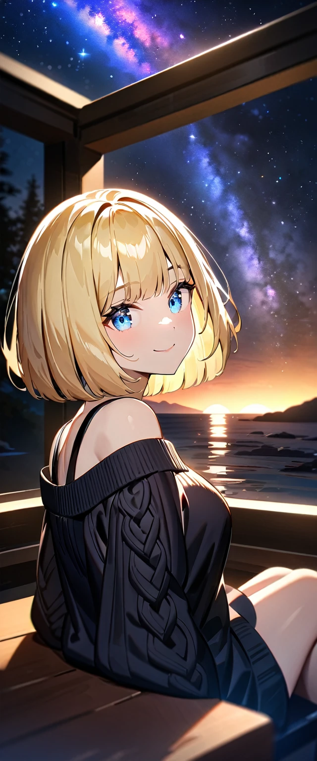 (()), (((focus on face))), ((extreme close up face)), (((a beautiful starry sky, the Milky Way shining beautifully in the night))), ((off-shoulder sweater:1.3, Quite thick shoulder straps)), ((black sweater)), ((Aran sweater)), ((((from side)))), ((sitting on the very high cliff)), wavy hair, inward curled hair, sea, ((blond hair, bob cut:1.3)), breasts, teenager, (looking at viewer), oversized clothes, puffy long sleeves, collarbone, head tilt:1.3, (((blue eyes))), happy smile, (((anime style))), (best quality, 4K, 8K, highres, masterpiece:1.2, ultra-detailed, ultra-detailed eyes, HDR, uhd, studio lighting, ultra-fine painting, sharp focus, physically-based rendering, extreme detail description, professional, vivid colors, bokeh)