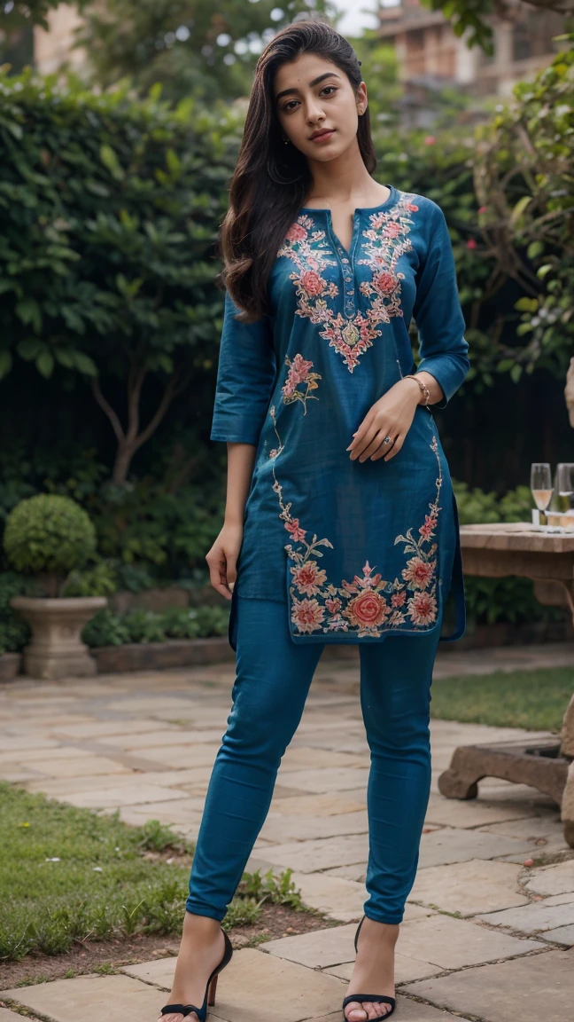 21 yo women Ananya Pandey wearing embroidery printed Blue kurta jeggings garden full body action poses perfect anatomy realistic realism ultra detailed eye ultra detailed face 8k