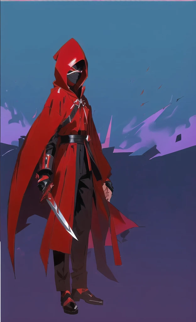 cartoon of a man in a red and black outfit with a blade, emitting evil red aura, red demon cloak, villain wearing a red oni mask, red hooded assassin, crimson attire, assassin