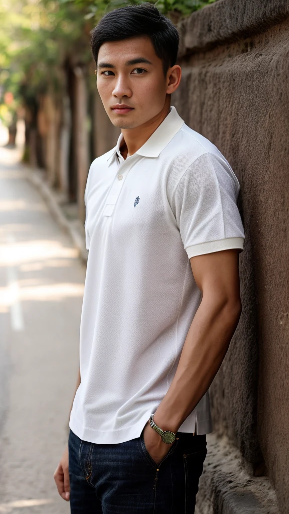 Thai man ,man,He is about 30 years old..,Rough and handsome appearance,large breastsj,Big waistline,buzz cut, angry, sullen, best quality, Masterpiece,(Have muscles:4.5),(best quality,high resolution,Masterpiece:1.2),The eyes are natural and delicate..,1 person,alone,gay asian,muscle,Long legs,brave,short hair details,conjunctivitis ,strong,brown eyes, (outdoor background road :1.5),in the market,sit (White Polo Shirt:1.3),Jeans