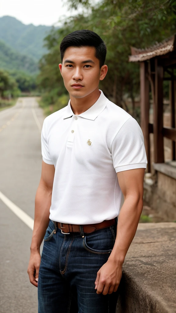 Thai man ,man,He is about 30 years old..,Rough and handsome appearance,large breastsj,Big waistline,buzz cut, angry, sullen, best quality, Masterpiece,(Have muscles:4.5),(best quality,high resolution,Masterpiece:1.2),The eyes are natural and delicate..,1 person,alone,gay asian,muscle,Long legs,brave,short hair details,conjunctivitis ,strong,brown eyes, (outdoor background road :1.5),in the market,sit (White Polo Shirt:1.3),Jeans