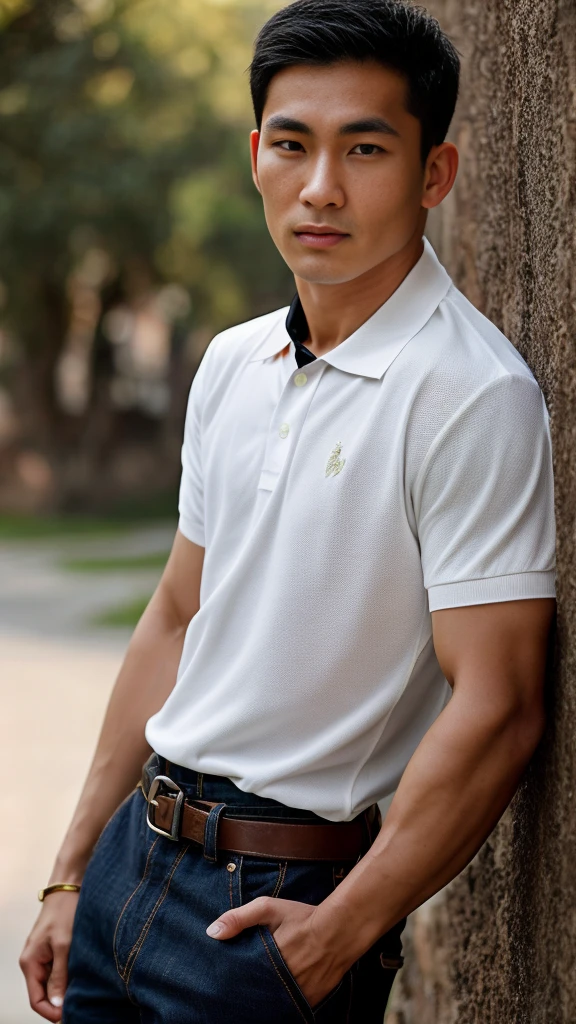 Thai man ,man,He is about 30 years old..,Rough and handsome appearance,large breastsj,Big waistline,buzz cut, angry, sullen, best quality, Masterpiece,(Have muscles:4.5),(best quality,high resolution,Masterpiece:1.2),The eyes are natural and delicate..,1 person,alone,gay asian,muscle,Long legs,brave,short hair details,conjunctivitis ,strong,brown eyes, (outdoor background road :1.5),in the market,sit (White Polo Shirt:1.3),Jeans