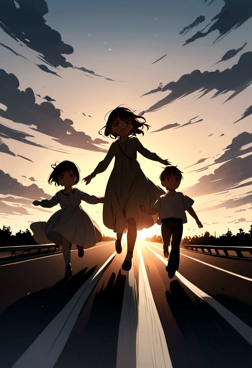 Two children slowing down and crying on a highway