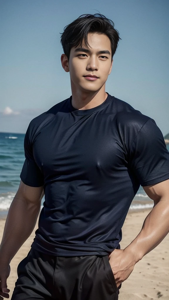 (Create a masterpiece: 1.2),(CGI art:1.3),(realistic:1.5),(After processing:1.3), (Sharp focus:1.3), 1 man, open mouth, smile, (Navy blue round neck shirt:1.3), Navy cargo pants, Korean guy , korean men, (High gloss details), chest muscles, large arm muscles, blood vessel, Big muscles, Broad shoulders, looking at the audience, Balancing the eyes, Seaside, beach, sunlight, running towards the camera