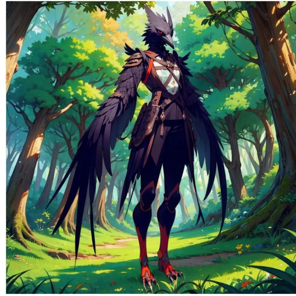 prospect(Anthropomorphic crow、Wearing ancient adventurer gear、The arms and hands are integrated with the bird&#39;s wings, and there are no bird wings on the back. Only the arms and hands have bird wings.、The feet are claws)、With background (Dense forest)