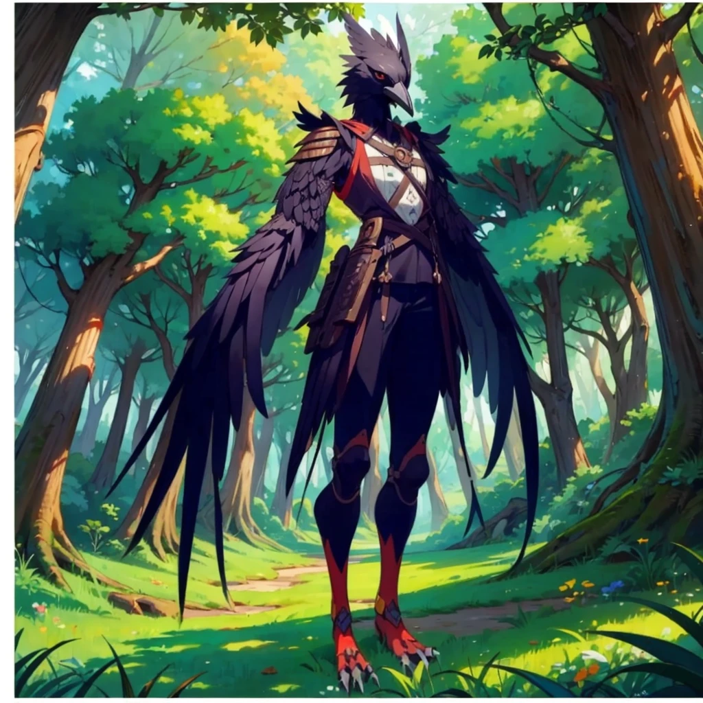 prospect(Anthropomorphic crow、Wearing ancient adventurer gear、The arms and hands are integrated with the bird&#39;s wings, and there are no bird wings on the back. Only the arms and hands have bird wings.、The feet are claws)、With background (Dense forest)