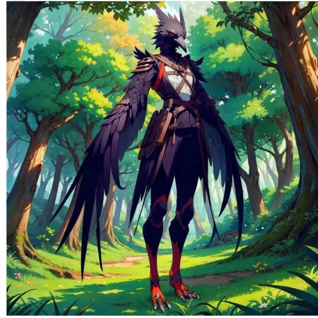 prospect(Anthropomorphic crow、Wearing ancient adventurer gear、The arms and hands are integrated with the bird&#39;s wings, and there are no bird wings on the back. Only the arms and hands have bird wings.、The feet are claws)、With background (Dense forest)