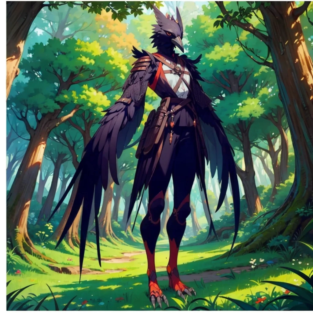 prospect(Anthropomorphic crow、Wearing ancient adventurer gear、The arms and hands are integrated with the bird&#39;s wings, and there are no bird wings on the back. Only the arms and hands have bird wings.、The feet are claws)、With background (Dense forest)