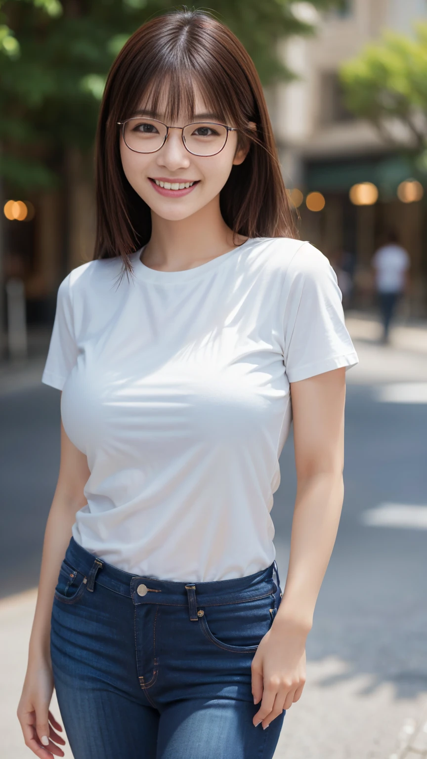 Highest quality, masterpiece, Ultra-high resolution, (Realistic:1.4),Beautiful woman,(Shortcuts),(Big Breasts) ,Beautiful Skin, Fine skin, 魅惑的なsmile, Background blur, smile, Glasses、T-Shirts、jeans