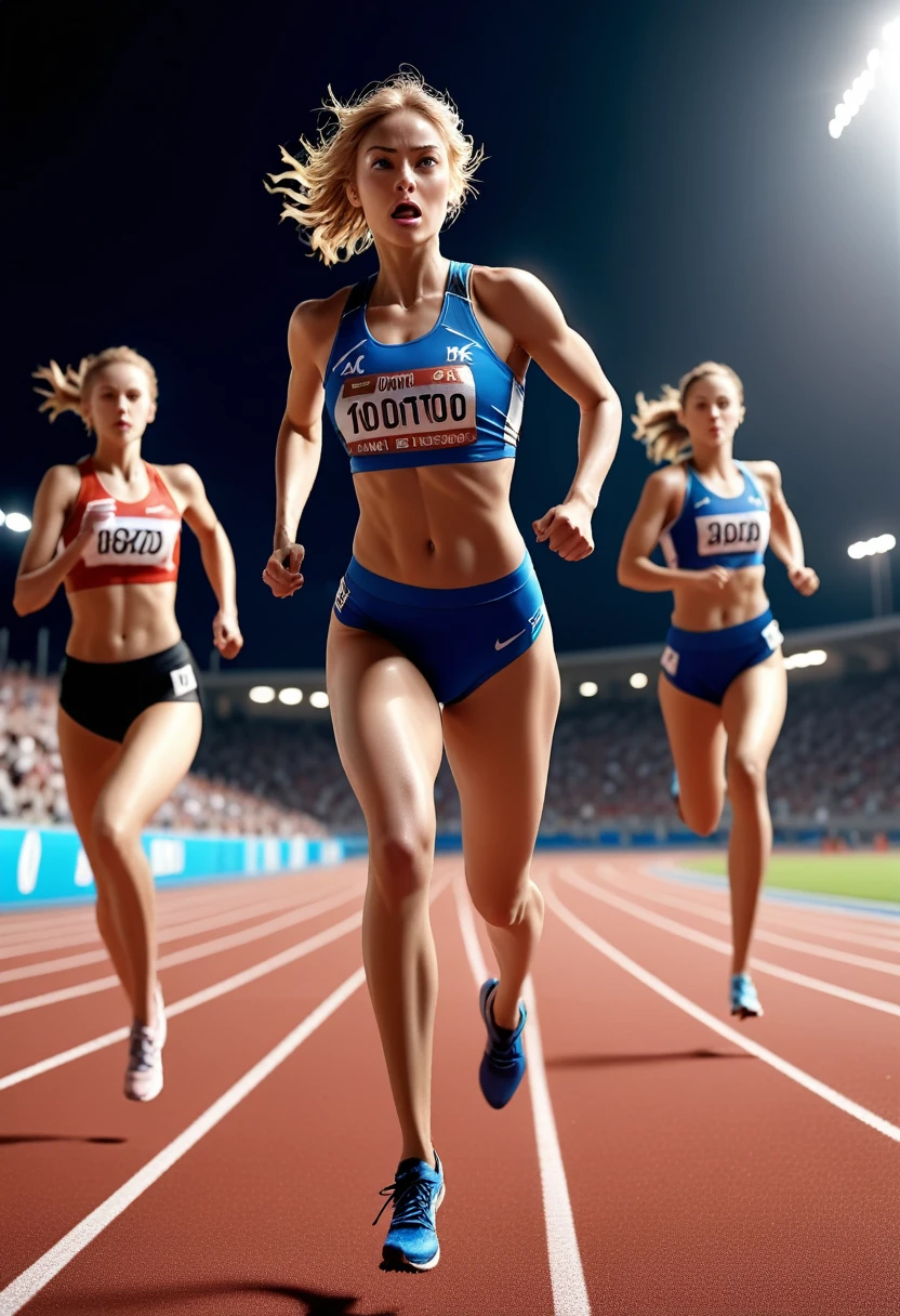 1girl, sports photography, The athlete runs on the track, dynamic sports action, high energy, athlete in motion, dramatic lighting, high contrast, vivid colors, cinematic composition, extreme detail, (4k, 8k, highres:1.2), ultra-detailed, HDR, UHD, studio lighting, ultra-fine painting, sharp focus, physically-based rendering, extreme detail description, professional, vivid colors, bokeh, masterpiece, best quality, very aesthetic, absurdres