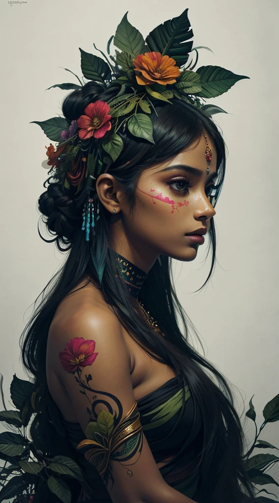 The image shows a breathtaking and stunningly beautiful East Indian girl, whose body is fused with flowers and foliage, Color Vibrant, in the style of a high resolution pen and ink drawing, isographic portrait, hard edges, high qualiy, minimalist art, black backdrop, ultra HD, 4K, 8K