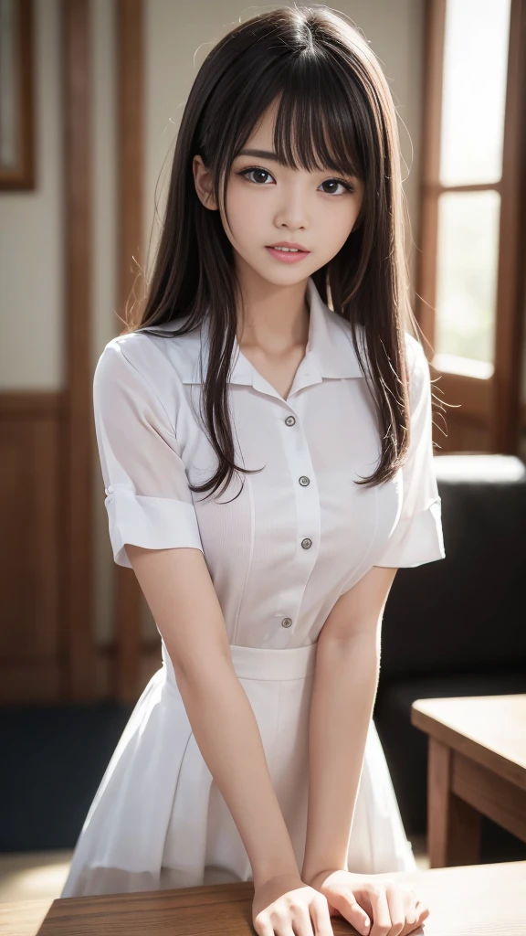 (8K, Highest quality, masterpiece:1.2, RAW Photos), One girl, (Cute school girl, Idol, beautiful girl, Baby Face:1.2), (Skin Dentition:1.5), night, (dark), Clear background indoors, Beautiful Bangs, nice, (Clothing and uniforms:1.3), (Attractive breasts:1.2), ((奇妙なdark部屋:1.3)), (Mouth closed:1.2, Beautiful Eyes, Fine grain, Detailed Iris, Beautiful Lips, Beautiful Nose, Beautiful Face), (primary color:1.5), (Beautifully glowing eyes:1.3), (Detailed eyes and face:1.3, Professional photography techniques), (Detailed hands:1.2), (Gaze at the viewer, blush:1.2, Sexy look)