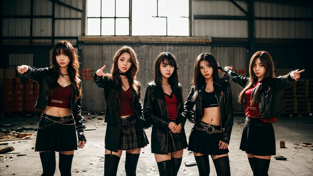 4 girls from a girl group inside an abandoned warehouse posing together with a dominate pose. Dark edgy clothes and hairstyles. Red light peaks throuth the windows