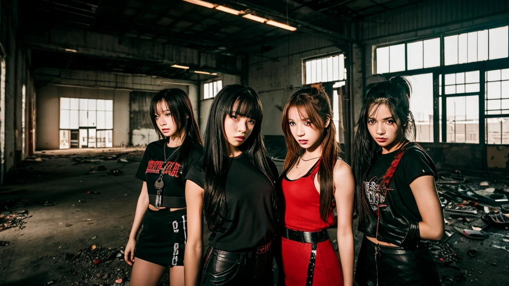 4 girls from a girl group inside an abandoned warehouse posing together with a dominate pose. Dark edgy clothes and hairstyles. Red light peaks throuth the windows